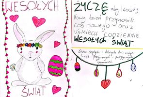 Powiększ zdjęcie: kartka z życzeniami przedstawiająca królika z pisanką