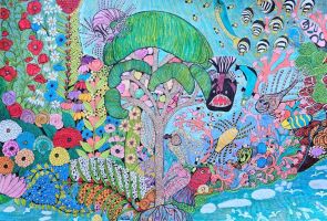 Powiększ zdjęcie: praca malarska przedstawiająca podwodny świat rafy koralowej przenikający się z łąką