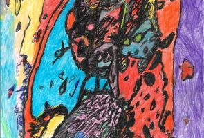 Powiększ zdjęcie: praca malarska w kolorach czerwieni, fioletu i błękitu przedstawiająca abstrakcyjną postać kobiety