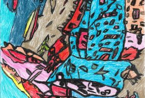 Powiększ zdjęcie: praca malarska w kolorach błękitu przedstawiająca domy i morskie elementy