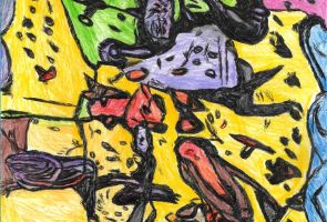 Powiększ zdjęcie: praca malarska w kolorach żółci, zieleni i różu przedstawiająca zwierzęta